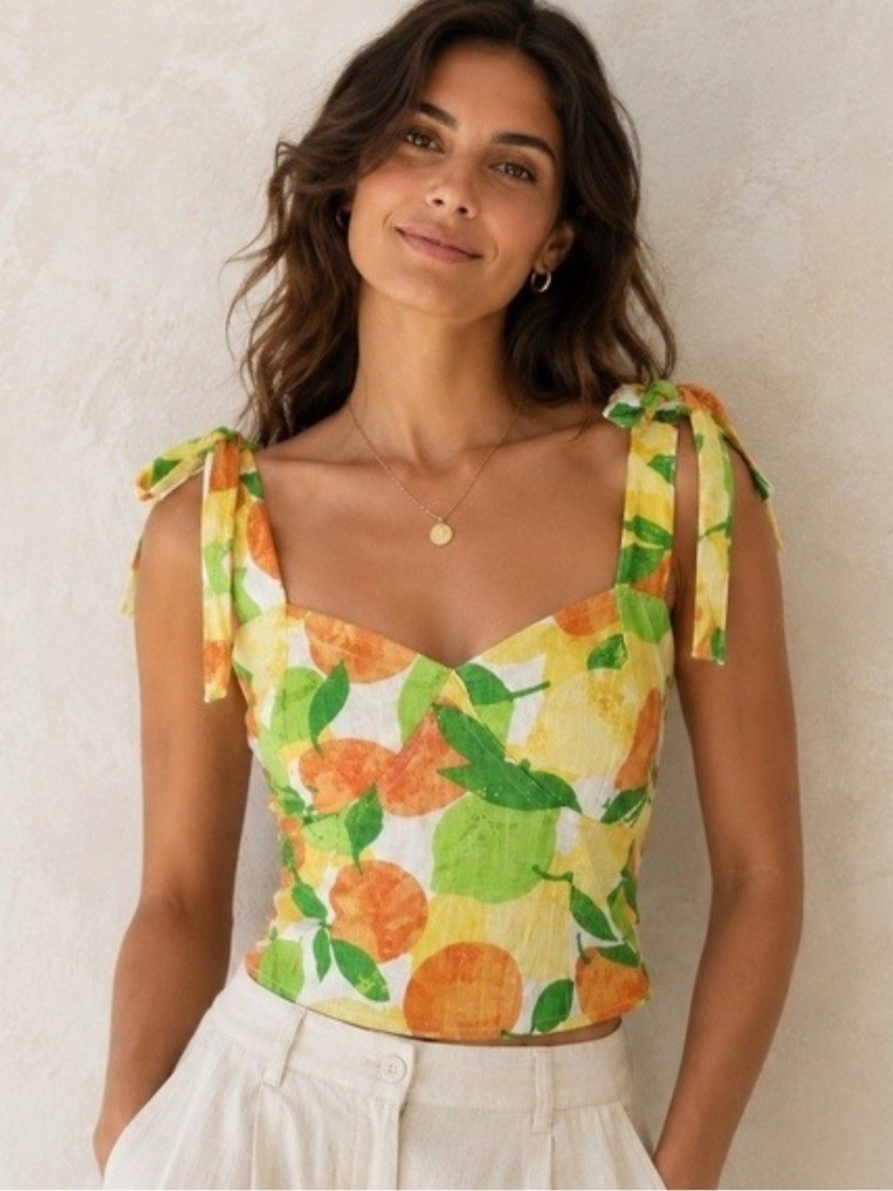 Rose & Olive Citrus Tie-Shoulder Camisole in Yellow & Green